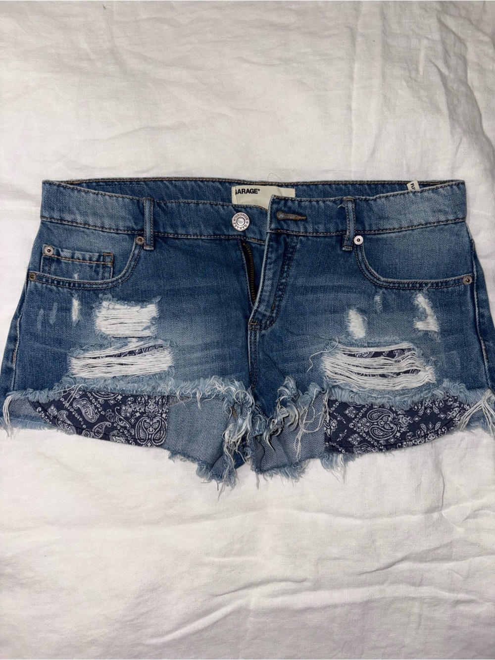 Garage Blue Distressed Denim Shorts with Bandana Pockets